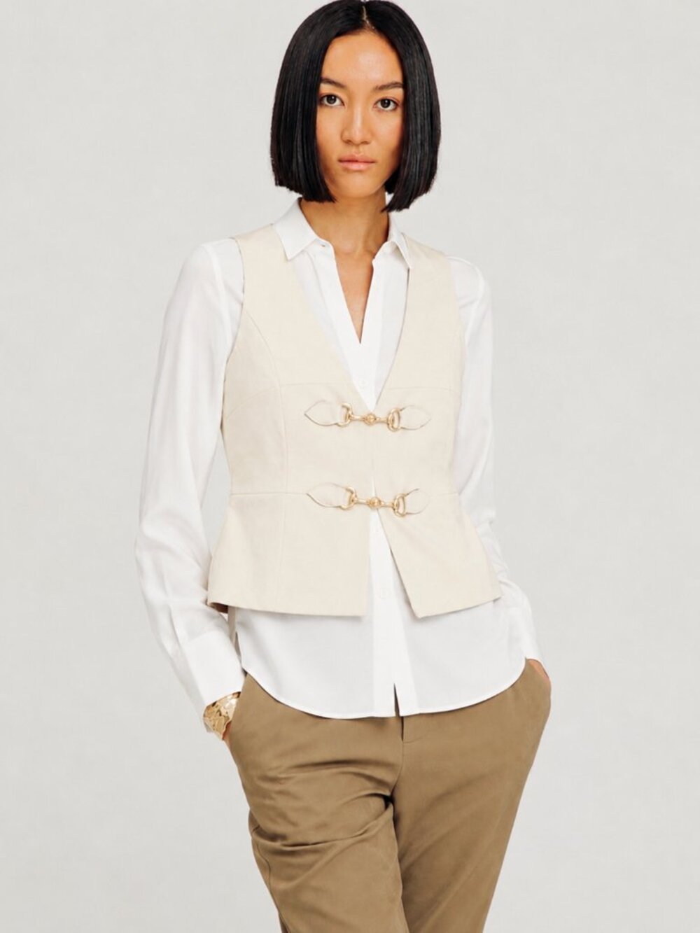 Torn by Ronny Kobo Tessa Top Ecru Horsebit Tailored Vest Quiet Luxury Size S New